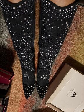 Black Studded Knee-High Pointed Toe Boots